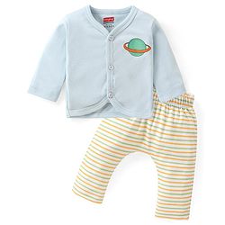 Babyhug Cotton Knit Full Sleeves Front Open Night Suit With Stripes & Planet Print - Light Blue