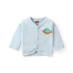 Babyhug Cotton Knit Full Sleeves Front Open Night Suit With Stripes & Planet Print - Light Blue