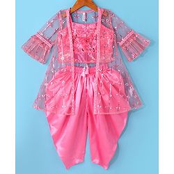 Babyhug Woven Bell Sleeves Net Embroidered Kaftan Jacket with Top & Dhoti Set - Dark Pink