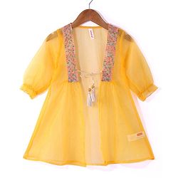 Babyhug Woven Sequinned Floral Embroidered Frock with Three Fourth Sleeves Net Jacket -Yellow