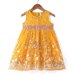 Babyhug Woven Sequinned Floral Embroidered Frock with Three Fourth Sleeves Net Jacket -Yellow