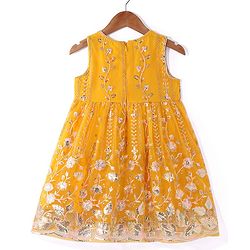 Babyhug Woven Sequinned Floral Embroidered Frock with Three Fourth Sleeves Net Jacket -Yellow