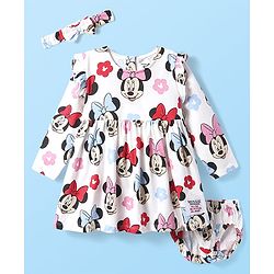 Babyhug Disney Single Jersey Knit Full Sleeves Frock With Minnie Mouse Graphics Bloomer & Headband - White