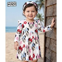 Babyhug Disney Single Jersey Knit Full Sleeves Frock With Minnie Mouse Graphics Bloomer & Headband - White