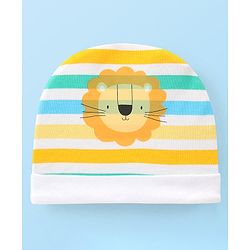 Babyhug 100% Cotton Knit Striped Cap With Lion Print - Multicolor