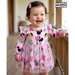 Babyhug Disney Single Jersey Knit Full Sleeves Minnie Mouse Printed Frock with Bloomer &  Frill Detailing - Pink