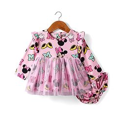 Babyhug Disney Single Jersey Knit Full Sleeves Minnie Mouse Printed Frock with Bloomer &  Frill Detailing - Pink