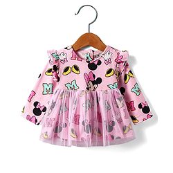 Babyhug Disney Single Jersey Knit Full Sleeves Minnie Mouse Printed Frock with Bloomer &  Frill Detailing - Pink