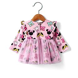 Babyhug Disney Single Jersey Knit Full Sleeves Minnie Mouse Printed Frock with Bloomer &  Frill Detailing - Pink