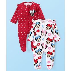 Babyhug Disney Single Jersey Full Sleeves Sleep Suit With Minnie Mouse Print Pack of 2 - Red & White
