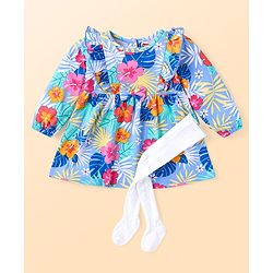 Babyhug Cotton Knit Three Fourth Peasant Sleeves Floral Printed Frock With Legging - Blue