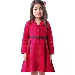 Babyhug Cotton Woven Full Sleeves Front Open Collared Solid Shirt Dress - Red