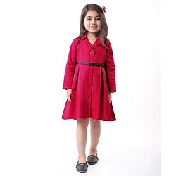 Babyhug Cotton Woven Full Sleeves Front Open Collared Solid Shirt Dress - Red