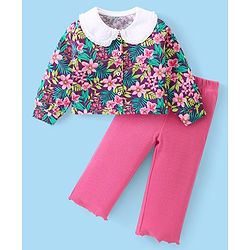Babyhug Cotton Knit Full Sleeves Peter Pan Collared Floral Printed Front Open Top & Lounge Pants Set - Dark Pink