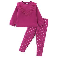 Babyhug Cotton Knit Full Sleeves Mesh Detailed Top With Hearts Printed Lounge Pant - Dark Pink