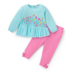 Babyhug Single Jersey Knit Full Sleeves Floral Printed Top & Leggings Set - Light Blue