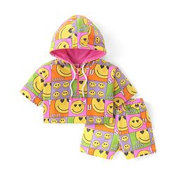 Babyhug Terry Knit Half Sleeves Smiley Printed Hooded T-Shirt & Shorts Set with Front Zipper  - Pink& Yellow