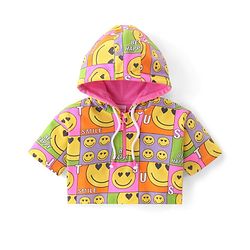 Babyhug Terry Knit Half Sleeves Smiley Printed Hooded T-Shirt & Shorts Set with Front Zipper  - Pink& Yellow