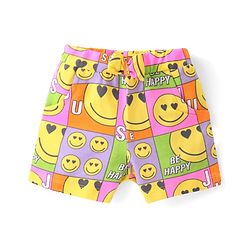 Babyhug Terry Knit Half Sleeves Smiley Printed Hooded T-Shirt & Shorts Set with Front Zipper  - Pink& Yellow