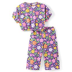Babyhug Cotton Knit Half Sleeves Floral Printed Top & Lounge Pants Co-Ord Set - Purple