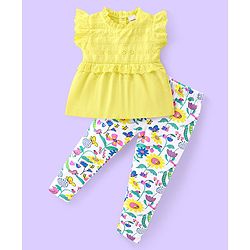 Babyhug Cotton Knit Frill Sleeves Schiffli Top & Floral Printed Leggings Set - Yellow