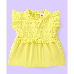 Babyhug Cotton Knit Frill Sleeves Schiffli Top & Floral Printed Leggings Set - Yellow