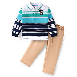 Babyhug Single Jersey Knit Full Sleeves Striped Polo T-Shirt & Trouser Set - Khaki & White