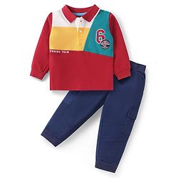 Babyhug Single Jersey Knit Full Sleeves Polo T-Shirt & Lounge Pant Set With Colour Block & Text Print - Red & Navy Blue