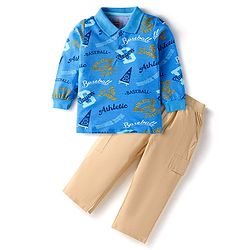 Babyhug Single Jersey Knit Full Sleeves Text Printed T-Shirt & Pant Set - Blue & Beige