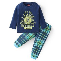 Babyhug Cotton Knit Full Sleeves Night Suit With Checks & Varsity Print - Navy