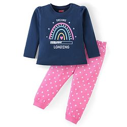Babyhug Cotton Knit Full Sleeves Night Suit With Text & Stars Print - Navy & Pink