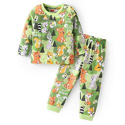 Babyhug Cotton Knit Full Sleeves Night Suit With Animals Print  - Green