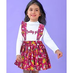 Babyhug Cotton Knit Full Sleeves Turtle Neck Top & Floral Printed Skirt With Suspender - Multicolor