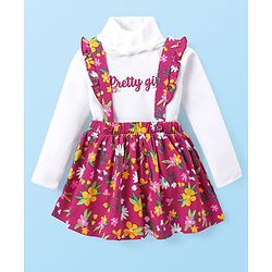 Babyhug Cotton Knit Full Sleeves Turtle Neck Top & Floral Printed Skirt With Suspender - Multicolor