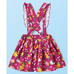 Babyhug Cotton Knit Full Sleeves Turtle Neck Top & Floral Printed Skirt With Suspender - Multicolor