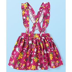 Babyhug Cotton Knit Full Sleeves Turtle Neck Top & Floral Printed Skirt With Suspender - Multicolor