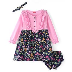 Babyhug Cotton Knit Full Sleeves Floral Printed Frock with Bloomer & Headband - Navy Blue