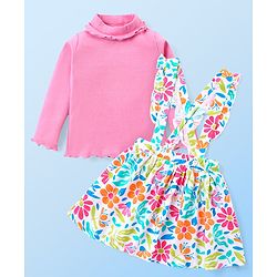 Babyhug Cotton Knit Full Sleeves Top & Floral Printed Skirt With Suspender - Pink