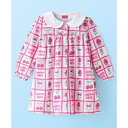 Babyhug Cotton Knit Full Sleeves Peter Pan Collared Frock With Bloomer Kitten & Floral Print - Pink