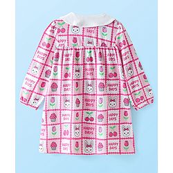 Babyhug Cotton Knit Full Sleeves Peter Pan Collared Frock With Bloomer Kitten & Floral Print - Pink