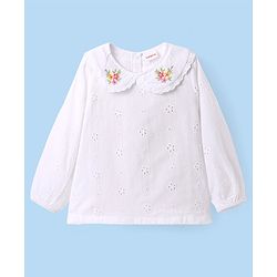 Babyhug Single Jersey Knit Full Sleeves Top & Skirt Set With Floral Print & Embroidery - White & Navy Blue