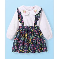 Babyhug Single Jersey Knit Full Sleeves Top & Skirt Set With Floral Print & Embroidery - White & Navy Blue