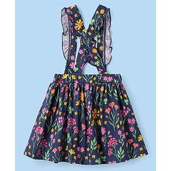 Babyhug Single Jersey Knit Full Sleeves Top & Skirt Set With Floral Print & Embroidery - White & Navy Blue