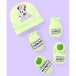 Babyhug Disney Cap Mittens & Booties Set With Minnie Mouse Graphics - Green