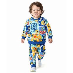 Babyhug Terry Knit Full Sleeves T-Shirt & Joggers Set with Text Print - Blue Yellow & Red