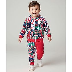 Babyhug Terry Knit Full Sleeves Text Printed Hooded Sweatjacket & Joggers Set - Red & Blue