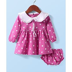 Babyhug Cotton Knit Full Sleeves Frock With Peter Pan Collar & Bloomer with Polka Dot Print - Dark Pink