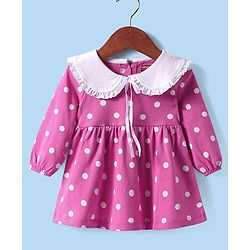 Babyhug Cotton Knit Full Sleeves Frock With Peter Pan Collar & Bloomer with Polka Dot Print - Dark Pink
