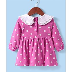 Babyhug Cotton Knit Full Sleeves Frock With Peter Pan Collar & Bloomer with Polka Dot Print - Dark Pink