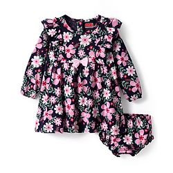 Babyhug Cotton Knit Full Sleeves Floral Printed Frock with Bloomer & Bow Applique - Navy Blue